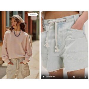 Free People We The Free Moxie Barrel Jean Shorts Womens 30 Denim Rope Waist